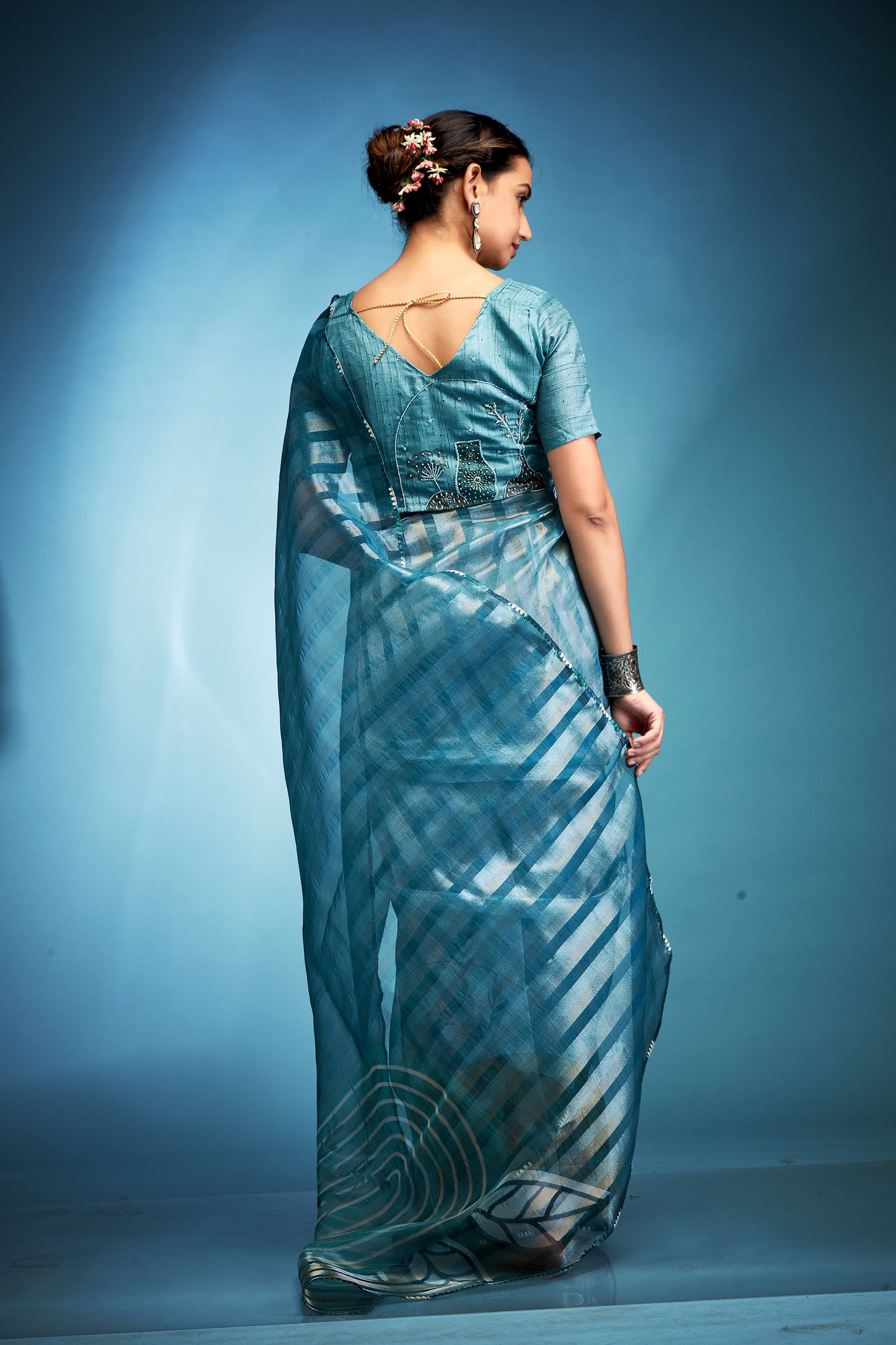 Rama color designer saree with dupatta online shopping