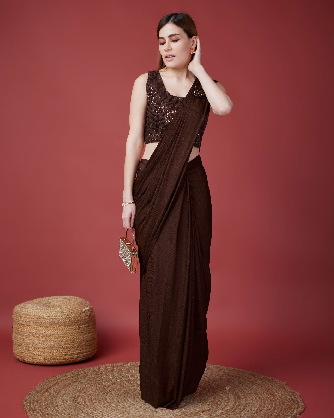 Marvelous Brown Pre-Stitched Saree and Blouse for Reception Marvelous Brown Pre-Stitched Saree and Blouse for Reception