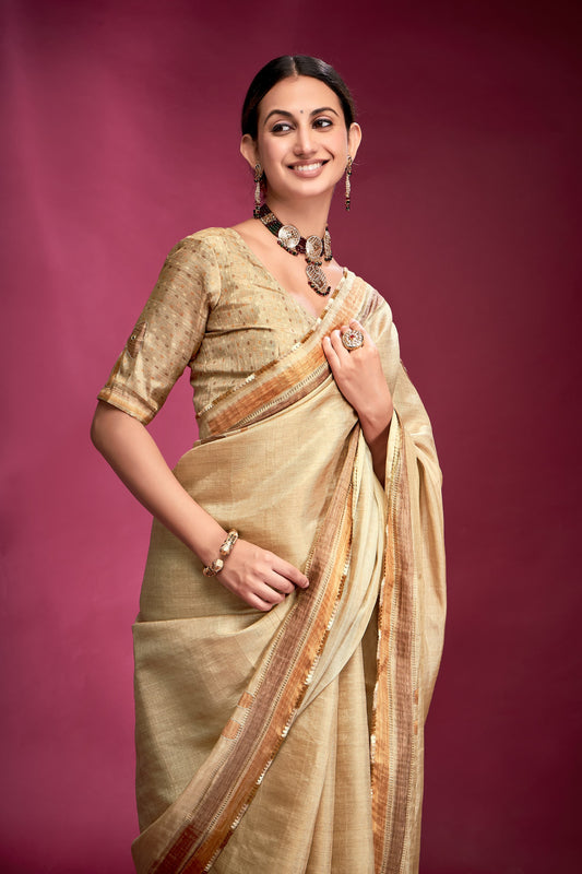 Beige tussar silk saree for women online shopping