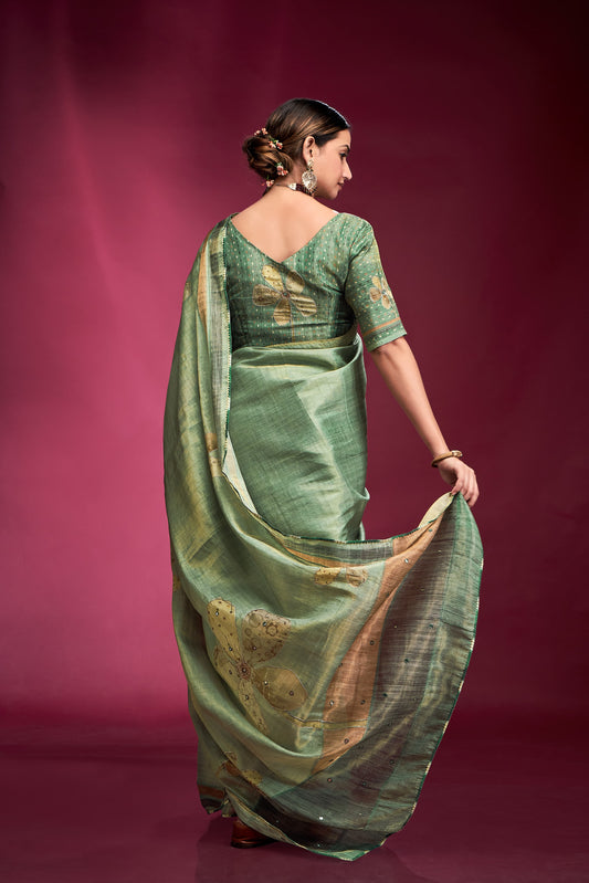 Dark green color tussar silk saree for women