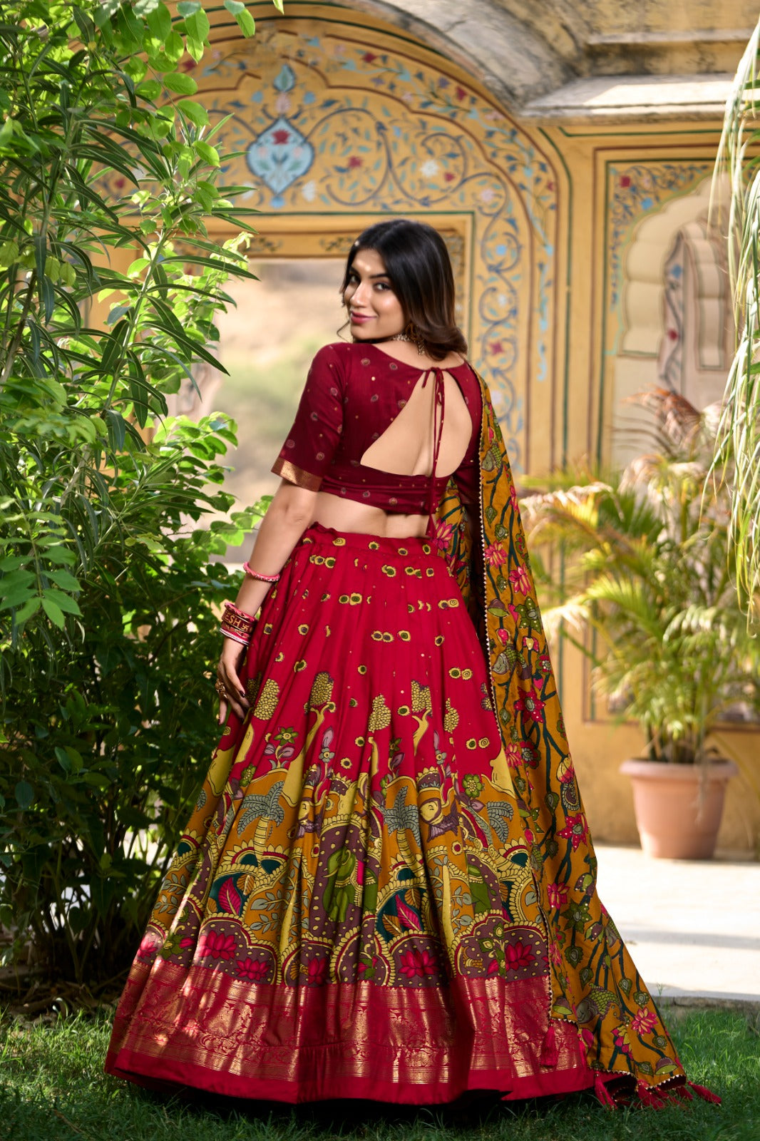 Red tussar silk lehenga choli for women online