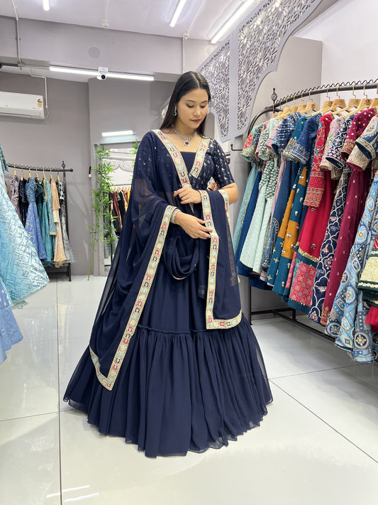 Navy blue georgette lehenga choli for women with dupatta