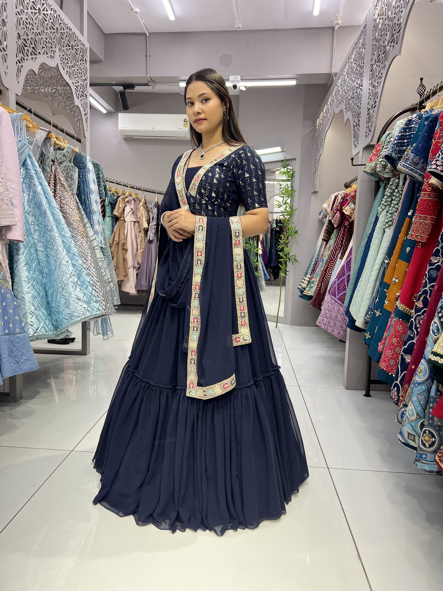 Navy blue georgette lehenga choli for women online shopping