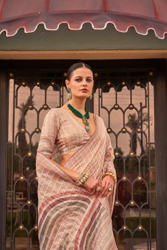 Beige tissue silk printed saree for women price