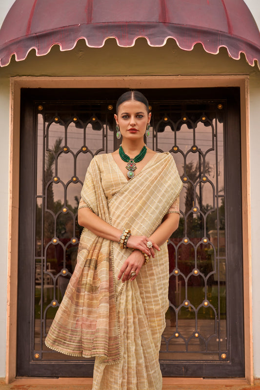 Beige color tissue silk printed saree for women online