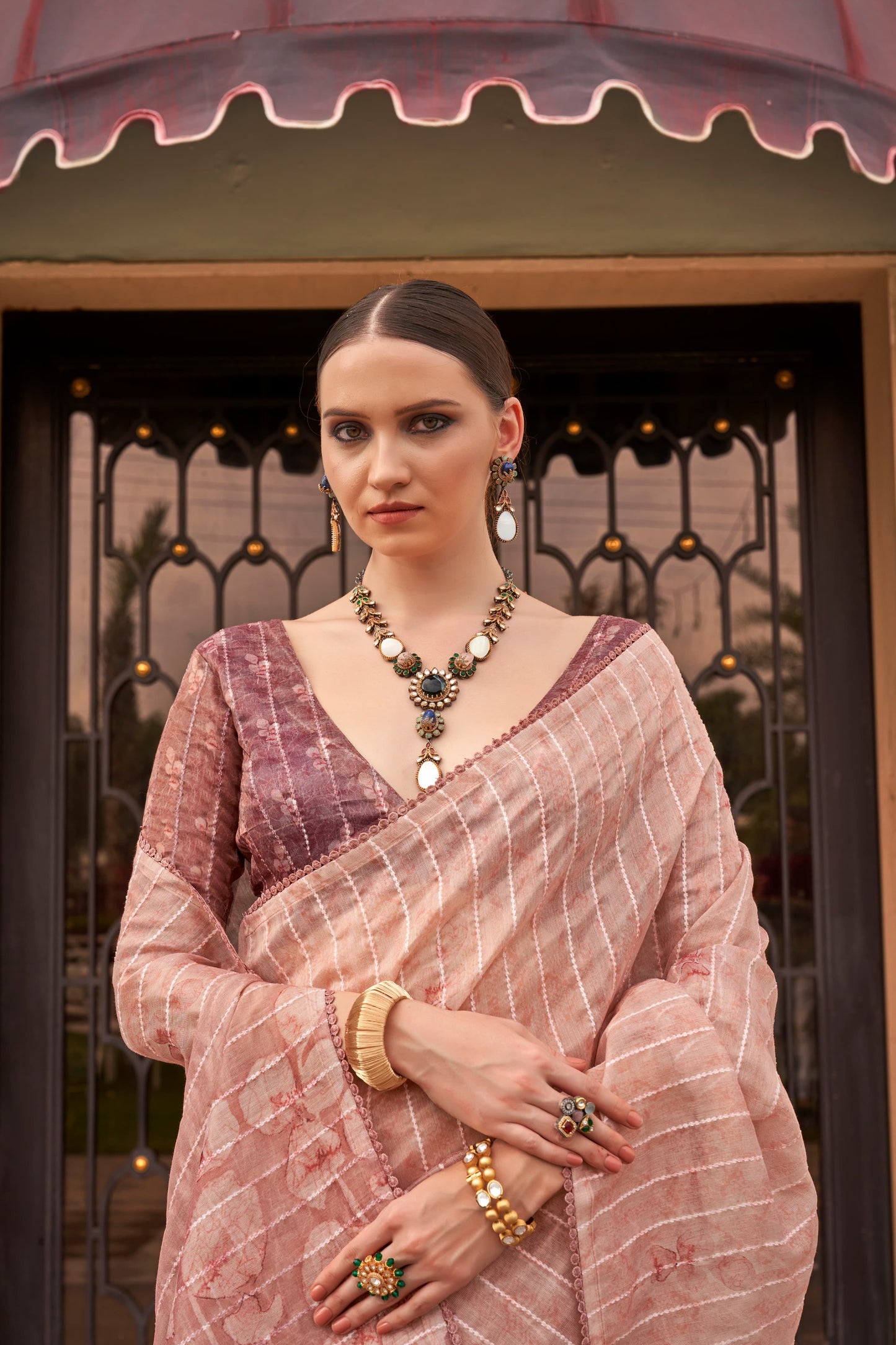 Peach color tissue silk printed saree for women price