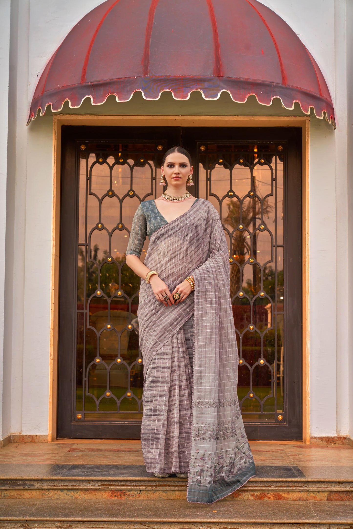 Simple onion color tissue silk printed saree for women