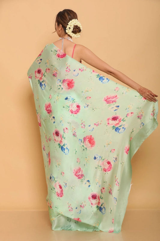 Green satin floral printed saree for wedding images