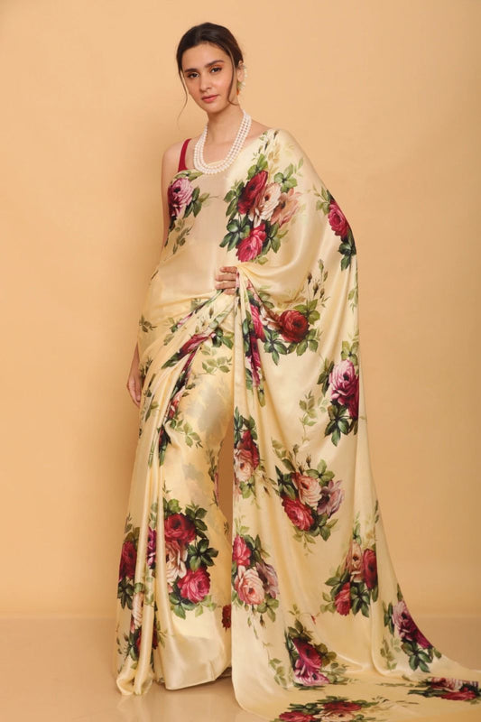 Beige satin saree for women with price