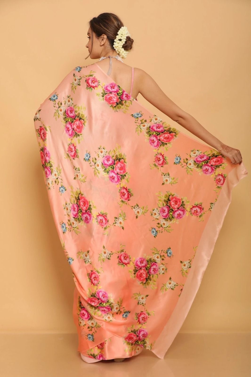 Fashionable Peach Japan Satin Floral Printed Saree For Office Wear