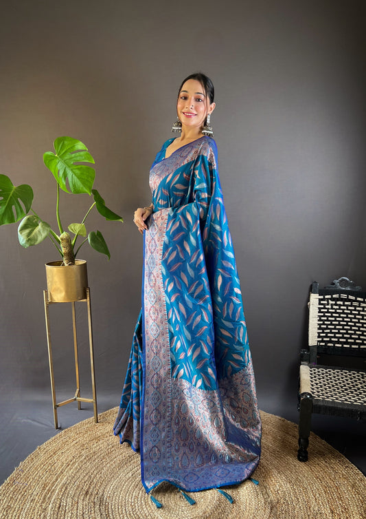 Pure teal blue color soft silk saree for women