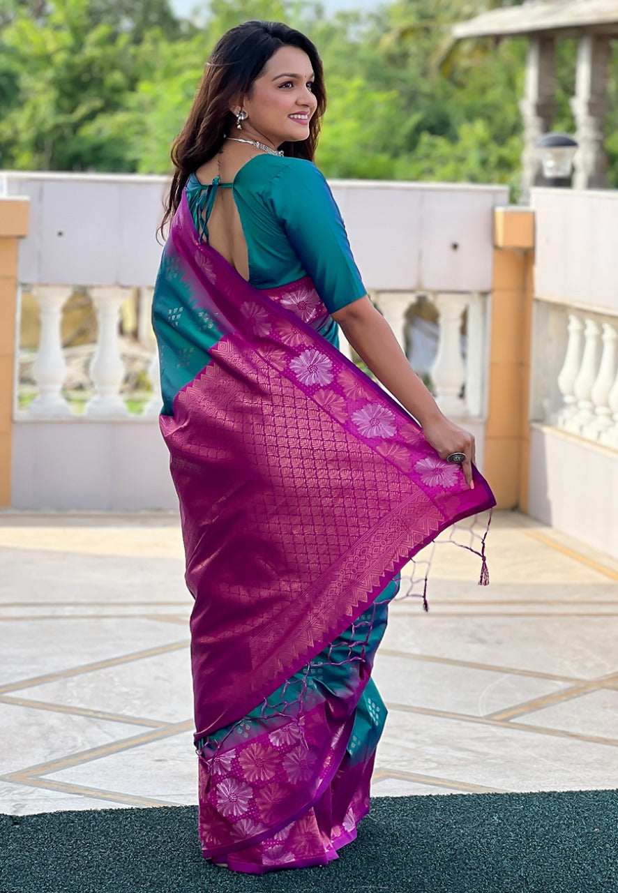 Pure teal green color soft silk saree for wedding