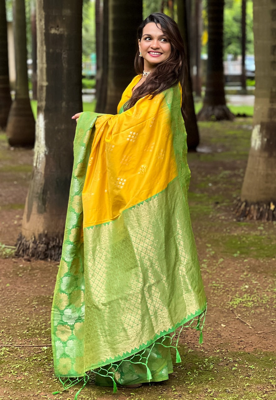 Pure yellow color soft silk saree for women