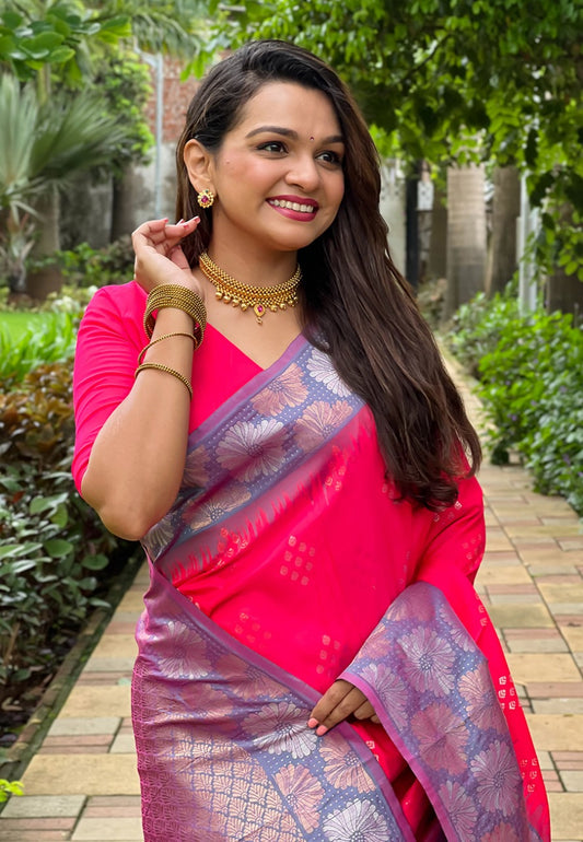 Pure pink soft silk saree for women