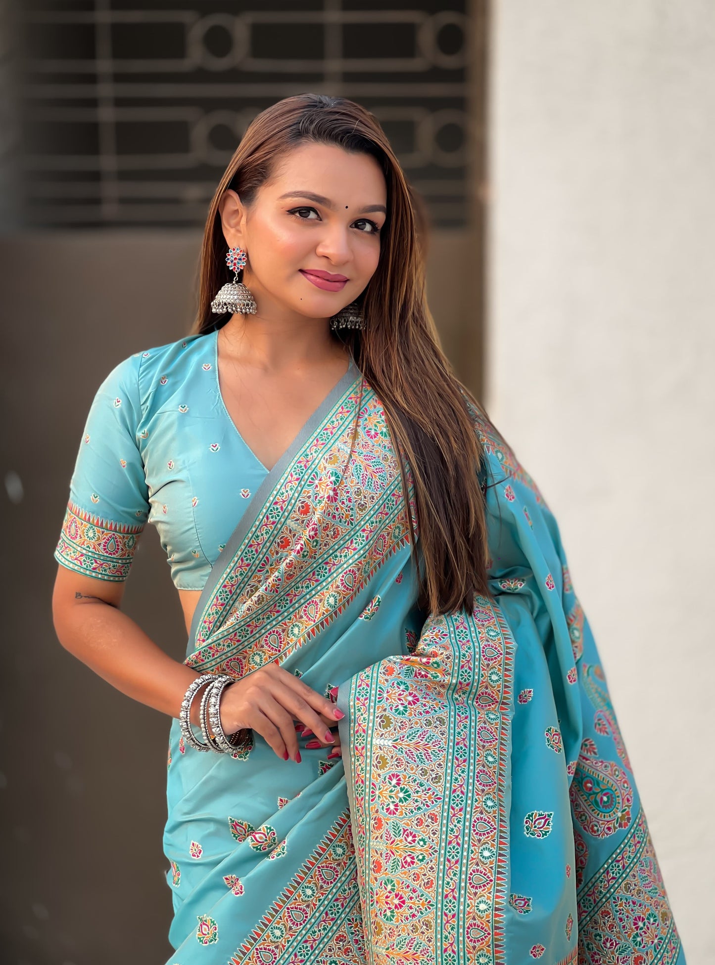 Sky blue saree look design