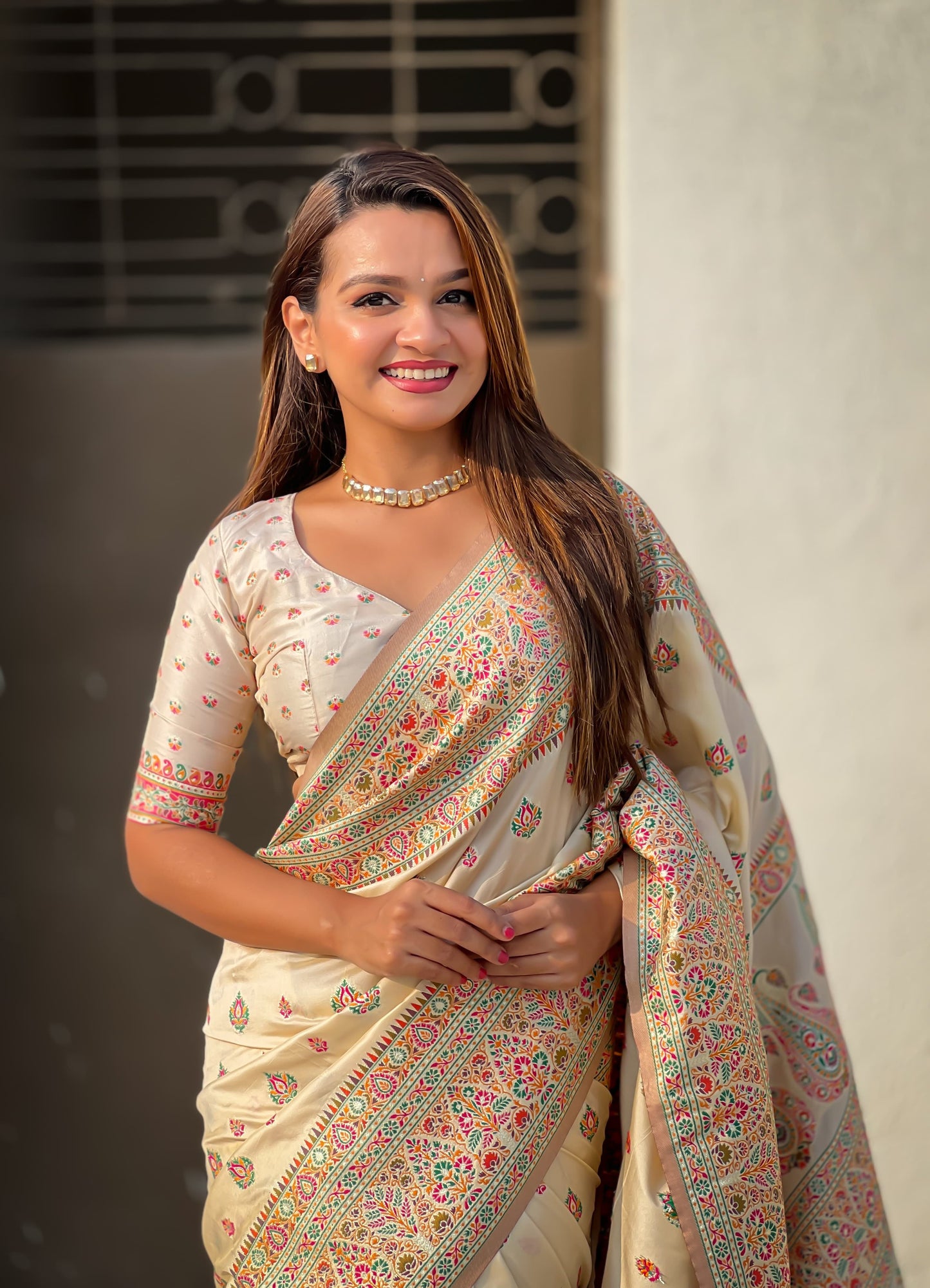 Off white Pashmina Silk Saree for women