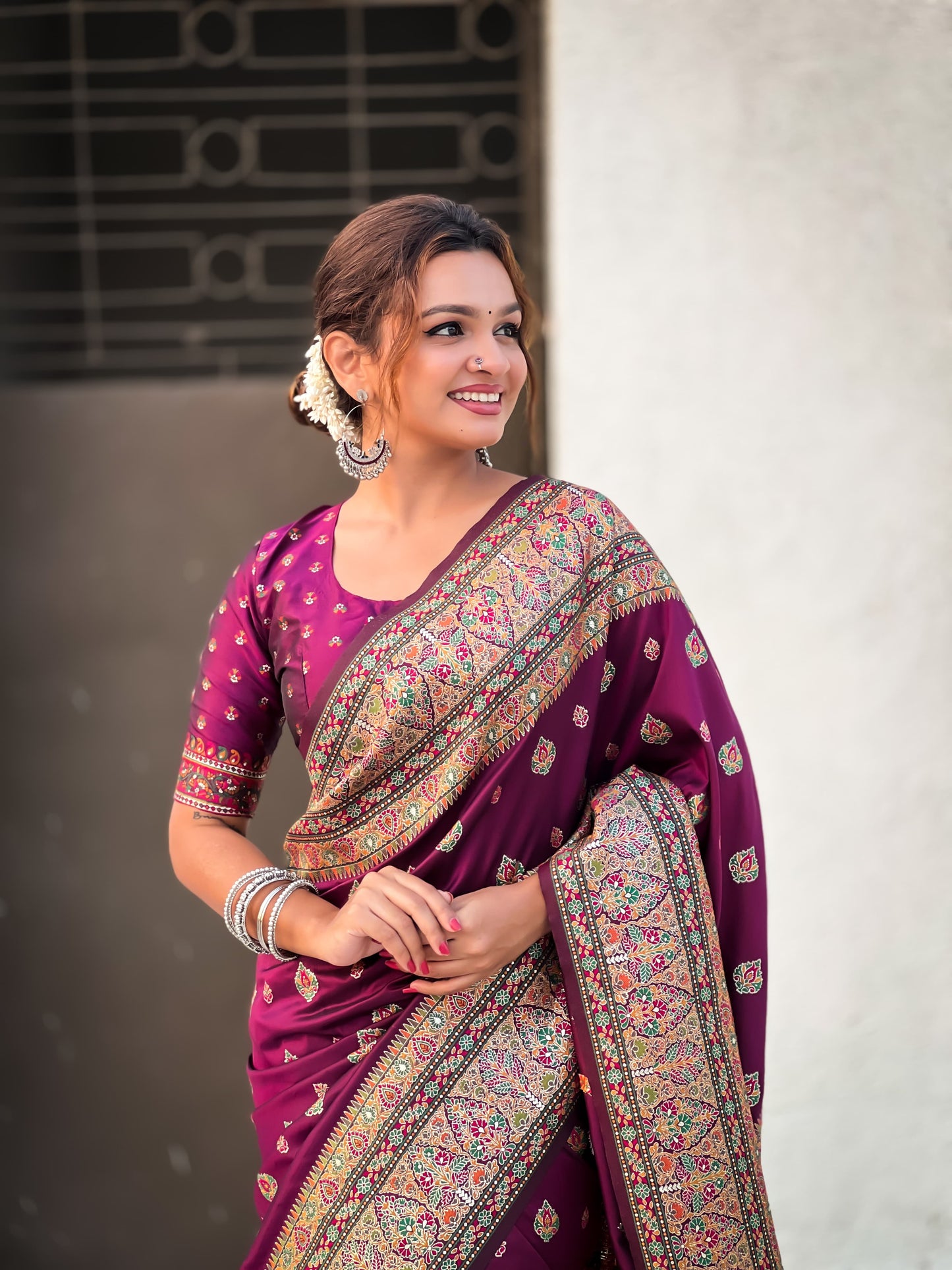 Wine colour pashmina silk saree online