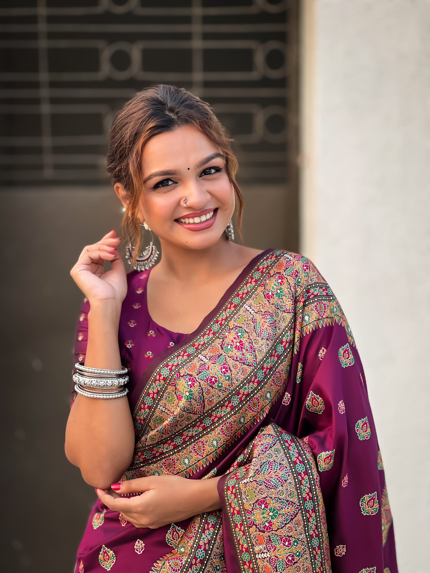 Wine color pashmina silk weaving saree price