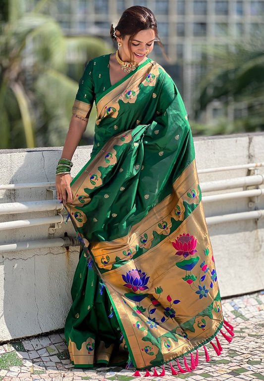 Dark green paithani silk saree for women with price