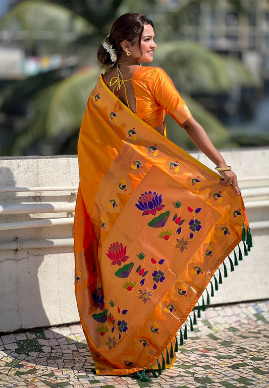 Orange paithani silk saree for women online