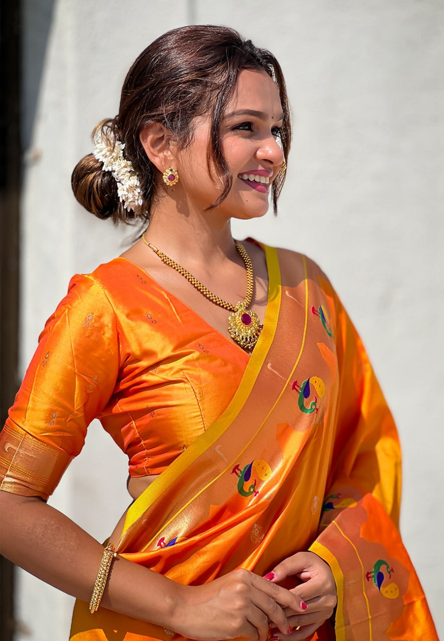 Orange Paithani Saree look