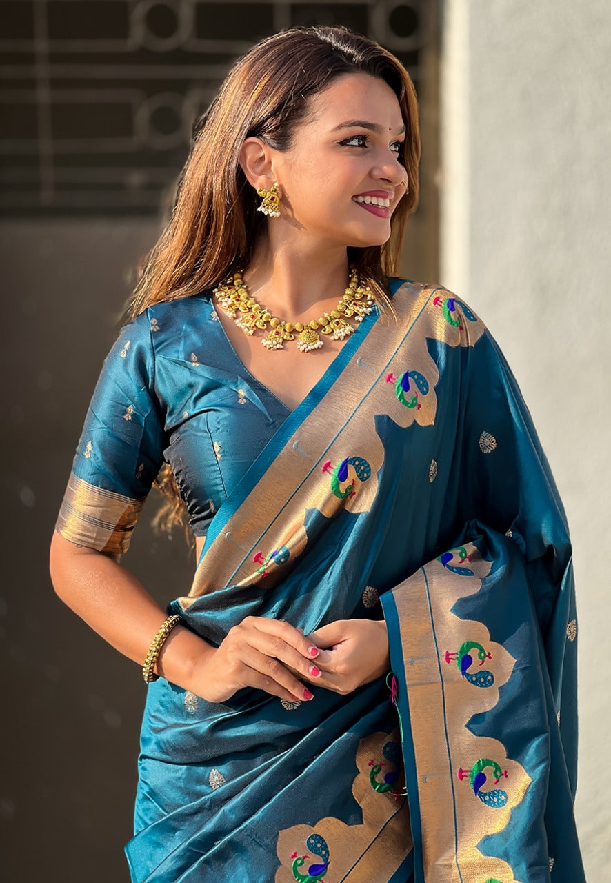 Teal blue color paithani silk saree for women online shopping