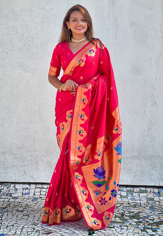Pink color paithani silk saree for women with price