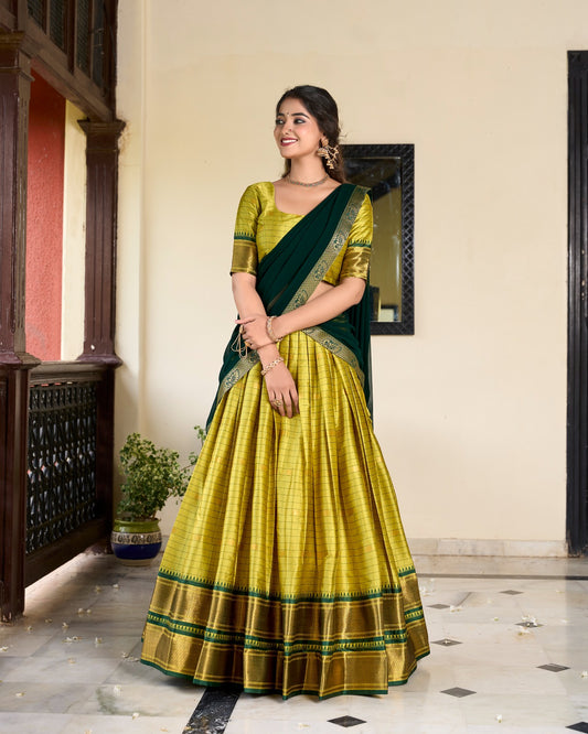 Parrot Green Color Zari Weaving Work lehenga choli price