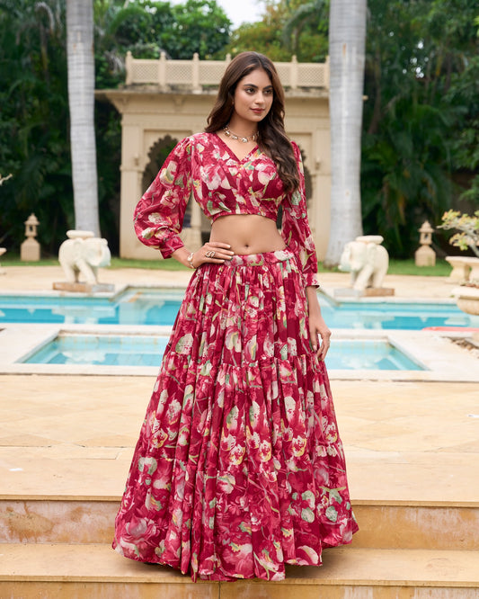 Party wear Maroon color lehenga with blouse images