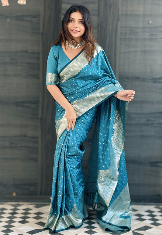 Pure teal blue color banarasi silk saree for women
