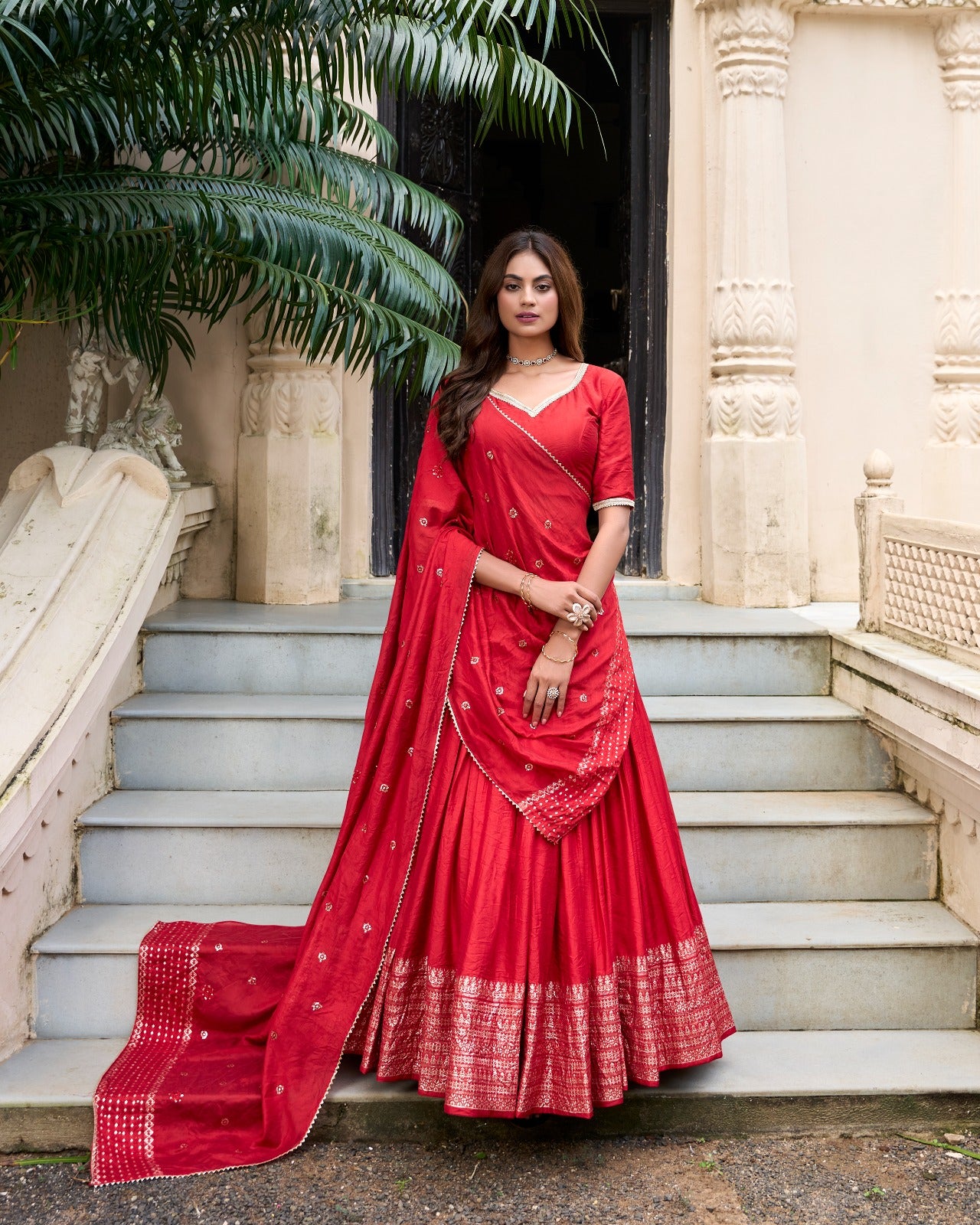 Red color chanderi lehenga choli for women online shopping