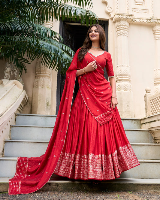 Red color chanderi lehenga choli for women online