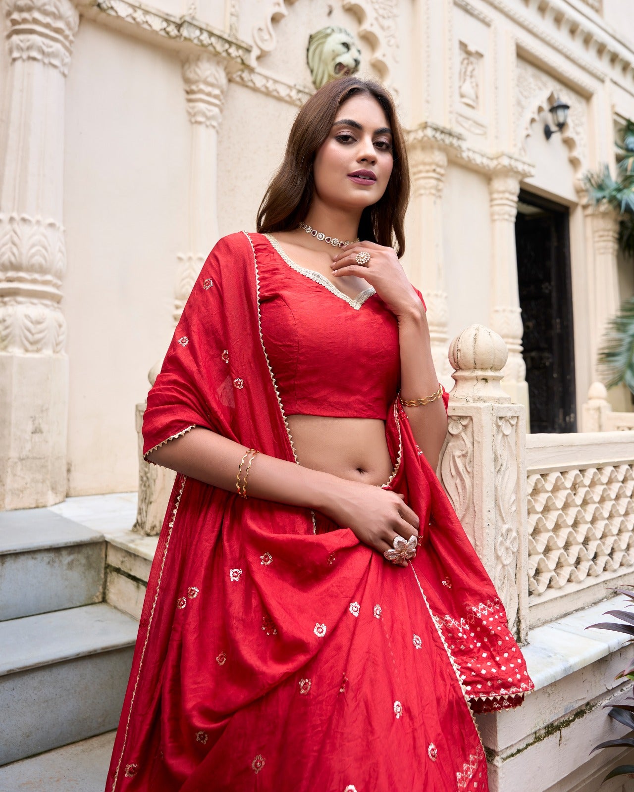 Red color chanderi lehenga choli images