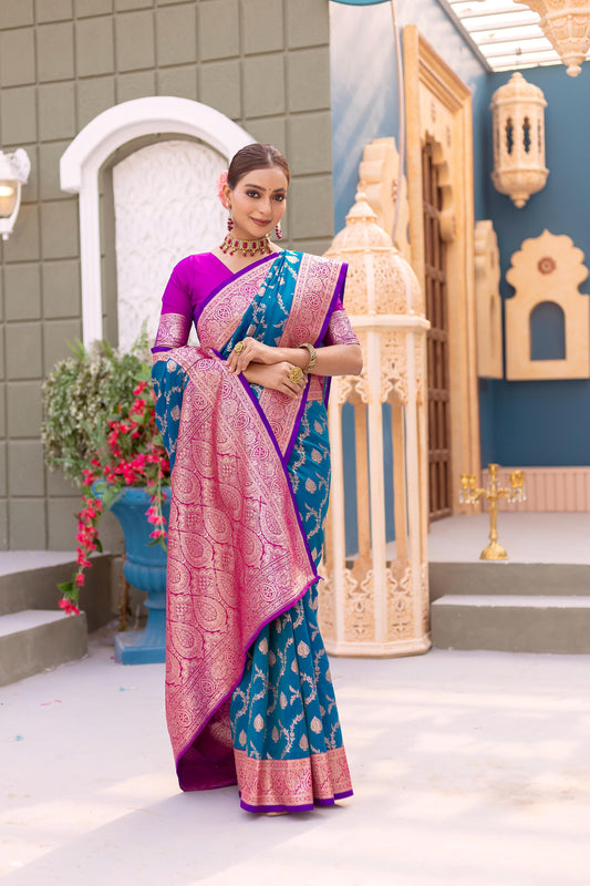 Teal blue color banarasi silk saree for wedding images