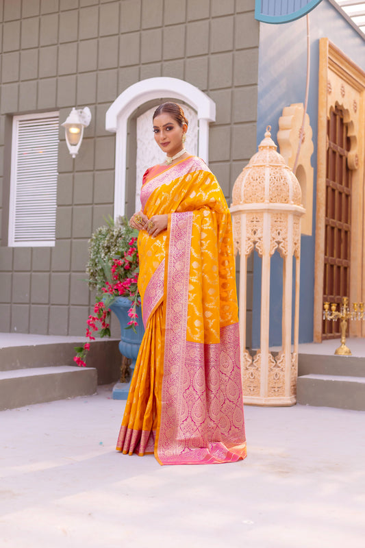 Wedding yellow color weaving saree for women online
