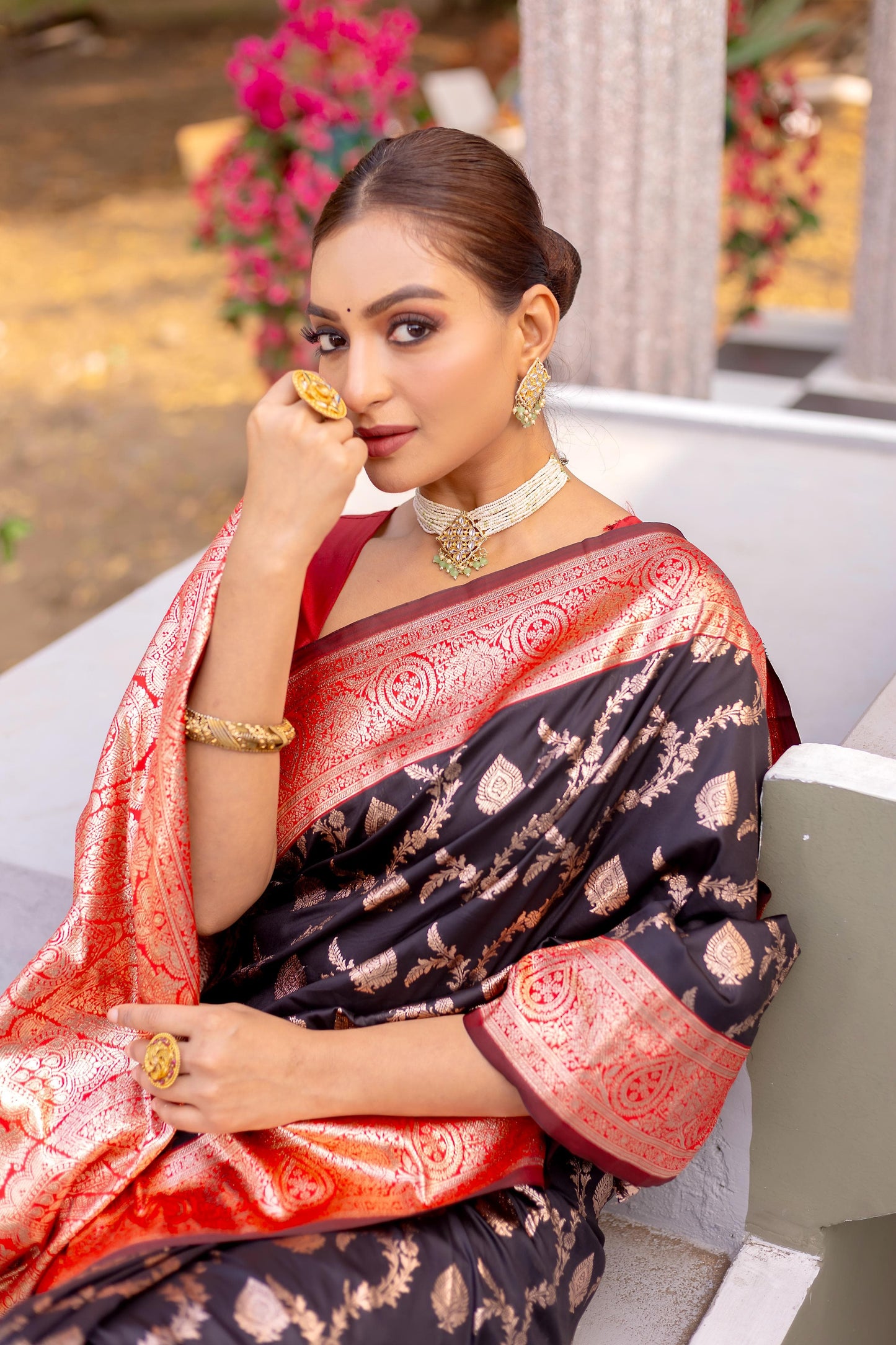 Black color designer banarasi silk saree images