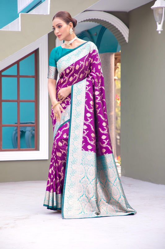 Purple color banarasi silk saree for women