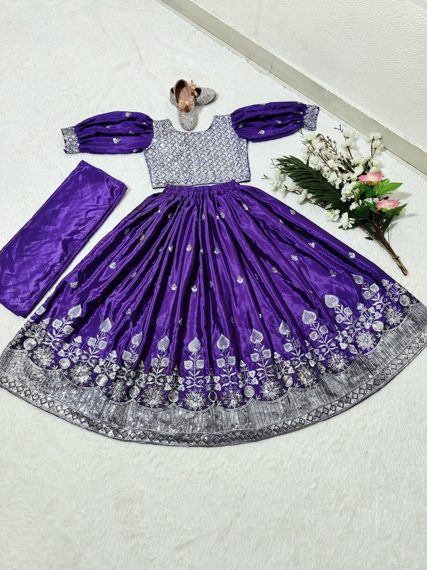 Purple color silk lehenga choli for small girls online shopping