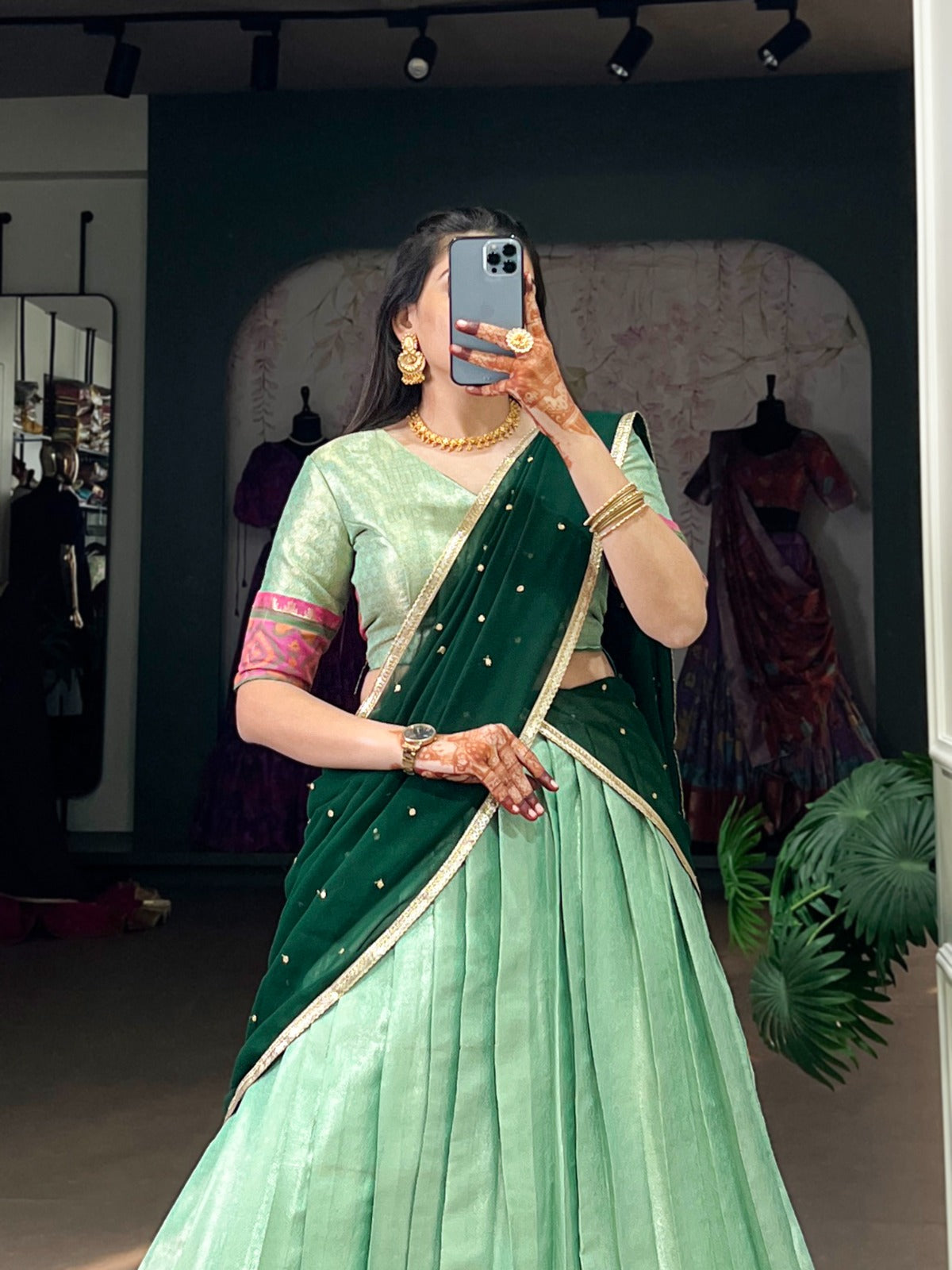 Sea green color weaving lehenga choli online