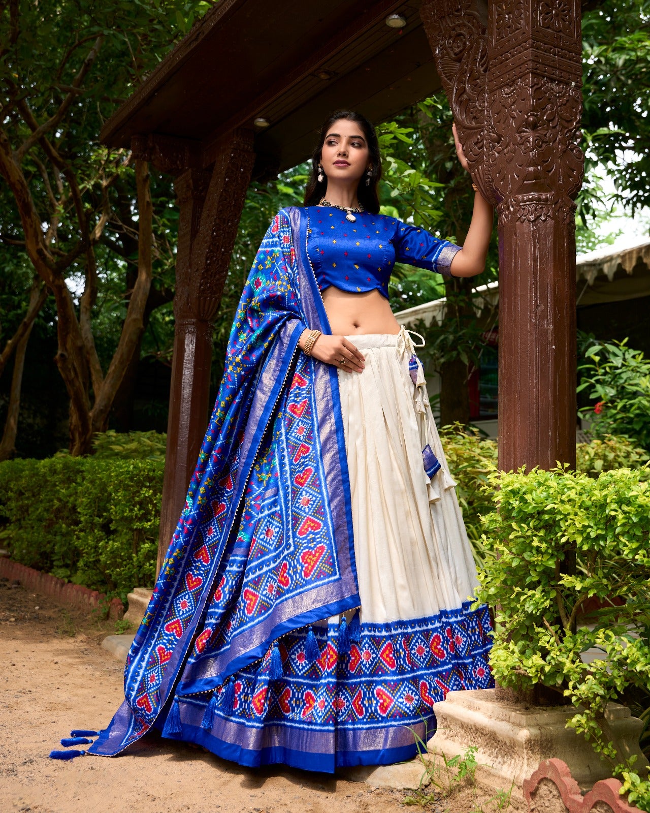 Blue tussar silk patola printed lehenga choli with dupatta