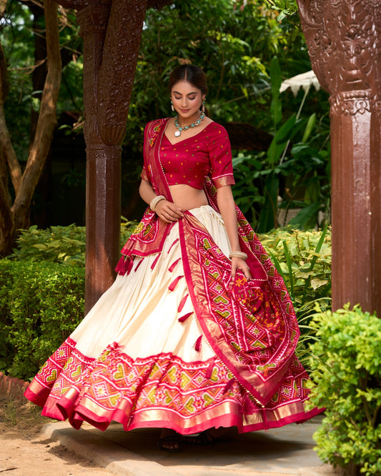 Red tussar silk patola printed lehenga choli price