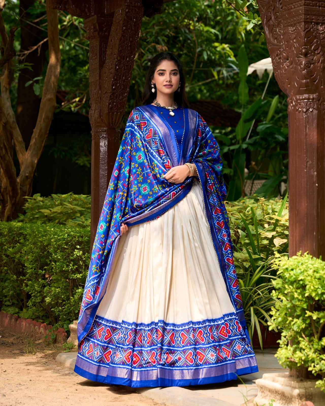 Blue tussar silk patola printed lehenga choli price