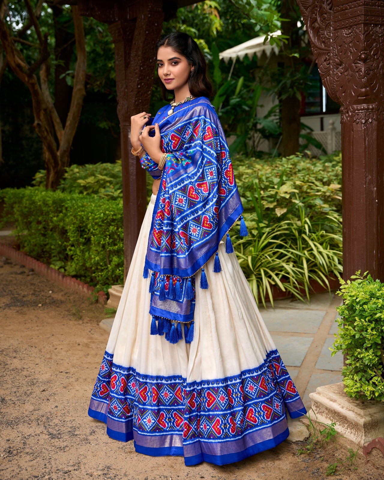 Blue tussar silk patola printed lehenga choli online shopping