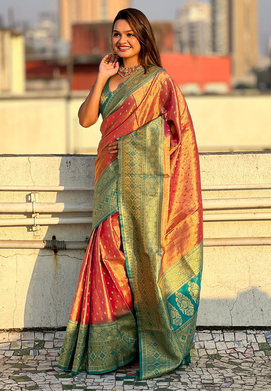 Pure peach color tissue saree for women