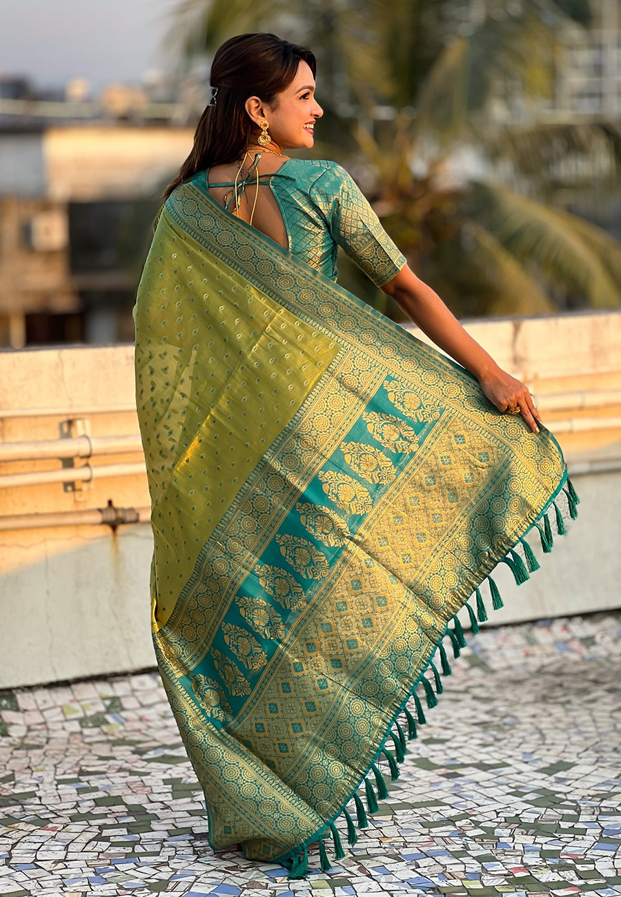 Mehendi color Tissue Saree for wedding
