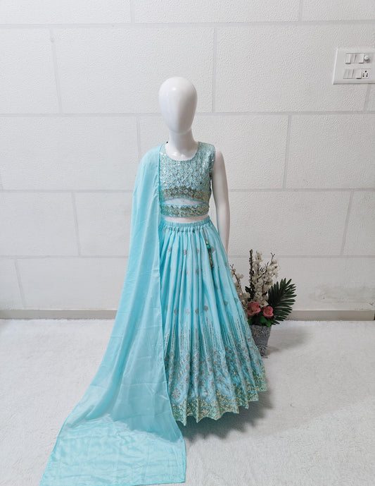 Sky color chinon silk lehenga choli for small girls online