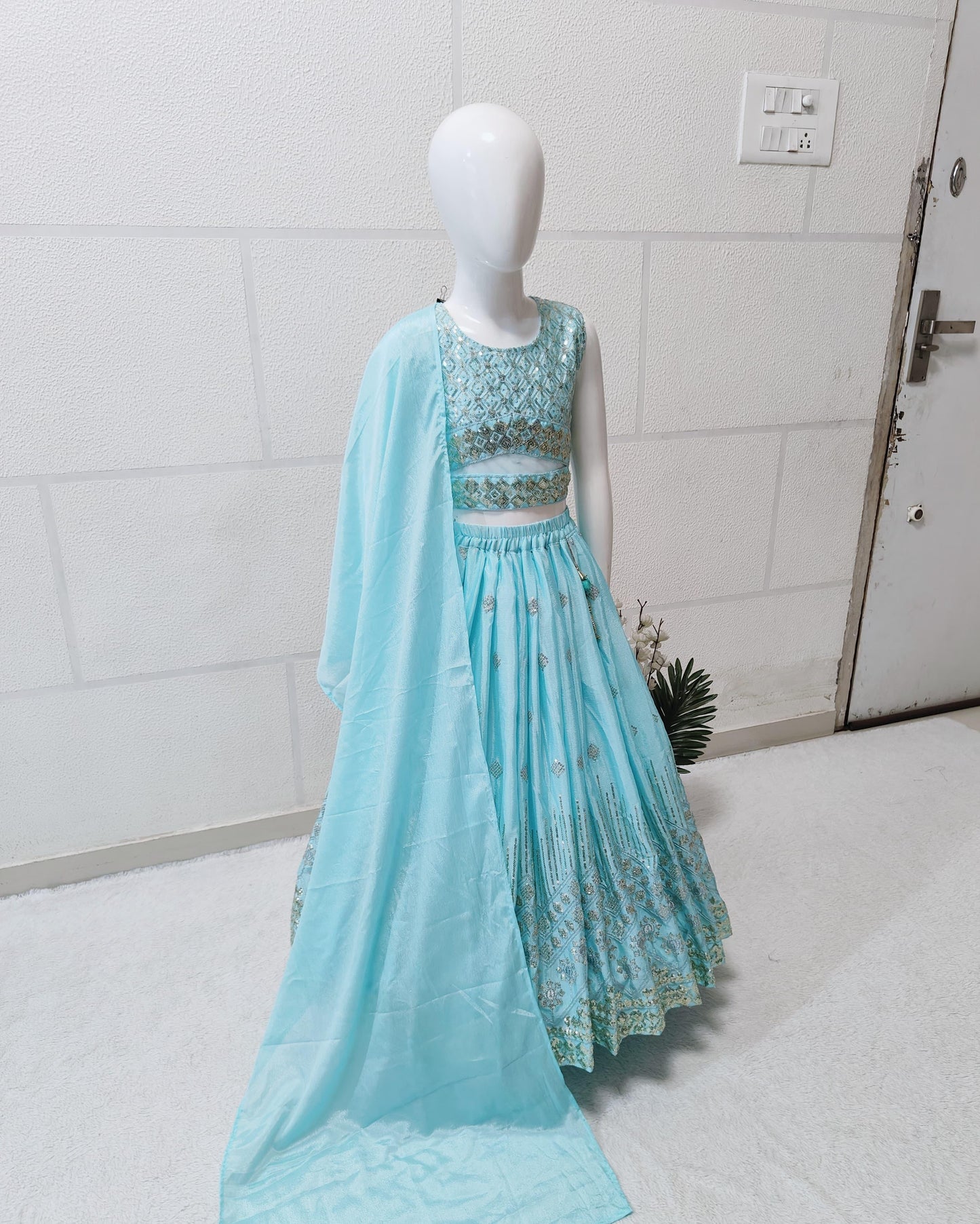 Sky color chinon silk sequins work lehenga choli for small girls design
