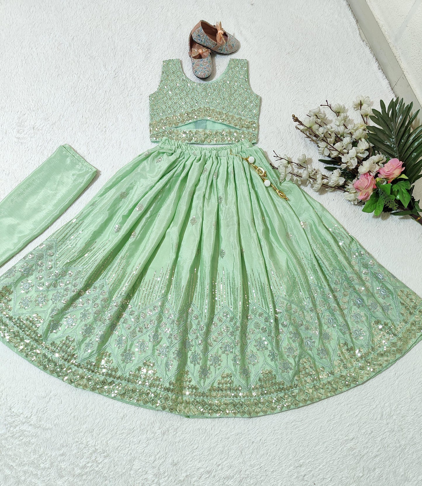 Pista color chinon silk lehenga choli for small girls images