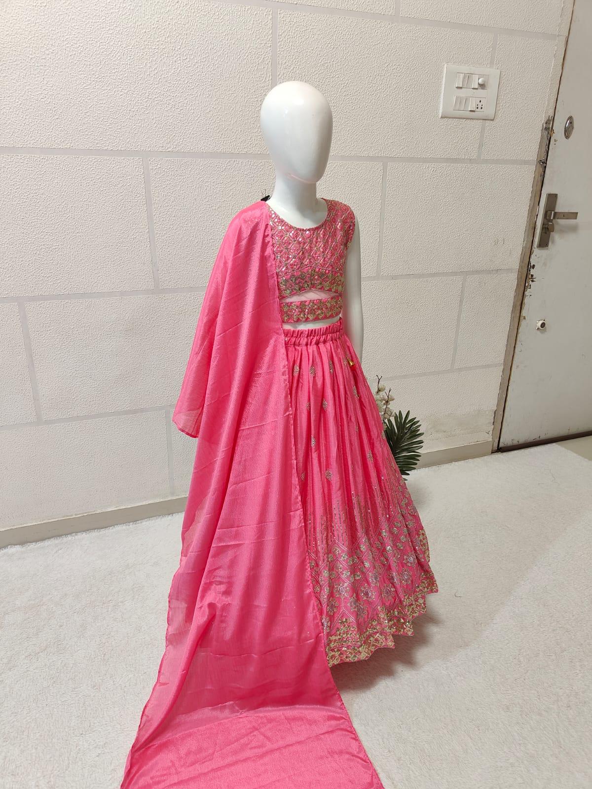 Pink color chinon silk lehenga choli for small girls with price