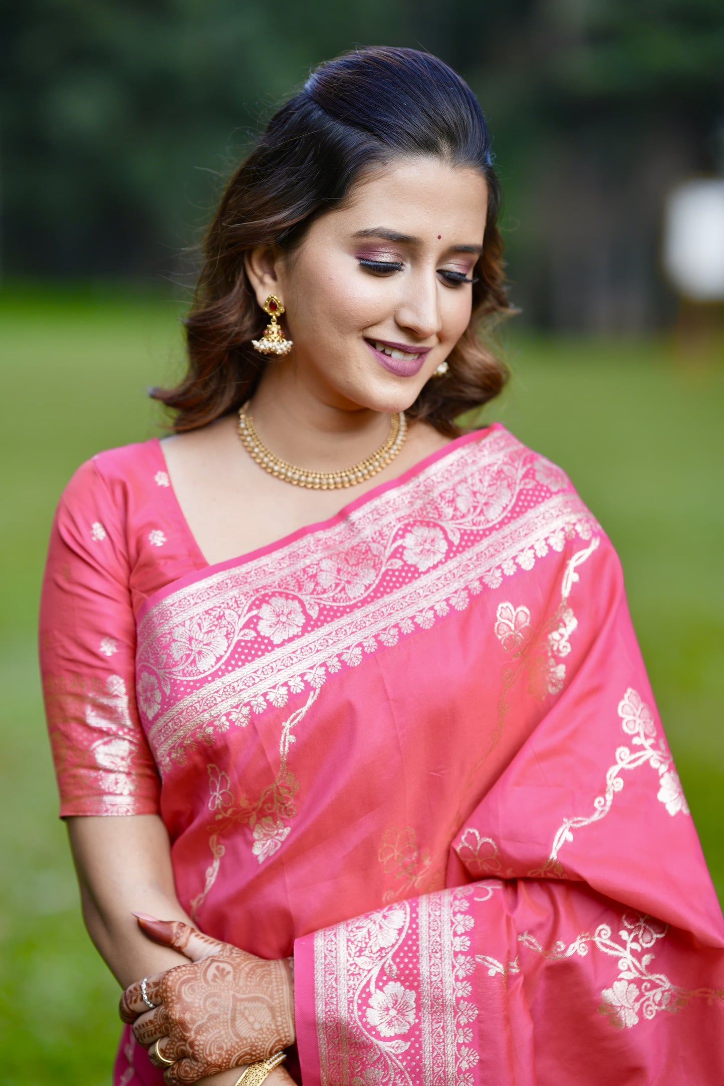 Pink color soft silk saree with blouse